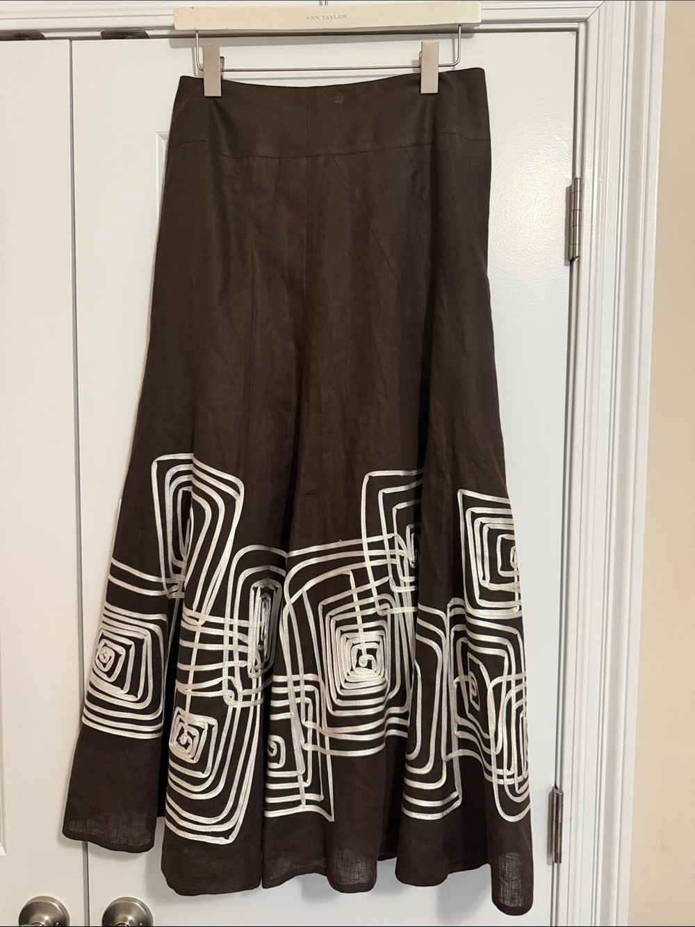 Carlisle Brown Maxi Skirt with Cream Geometric Hem 100% linen